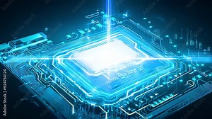 Futuristic glowing CPU chip installed, Digital technology circuit processor computing electronics installation concept