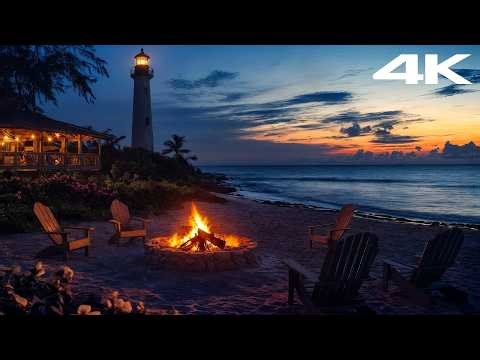 Beach Campfire by the Lighthouse 🔥🌊 | Relaxing Ocean Waves & Night Coastal Ambience
