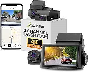 Asani 3-Channel Car Dash Cam - 4K Front, Rear, and Cabin Recording, LCD Screen, Includes 32GB SD Card, WiFi, GPS, G-Sensor, 6 IR LEDs for Night Vision, Ideal for Comprehensive Road Security