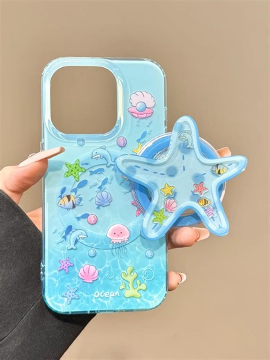 Ocean Themed Magnetic Phone Case With Starfish Magsafe Stand | Cute Dolphin Jellyfish Summer Beach Cover for iPhone 16 15 14 Pro Max - Etsy