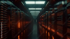 Internet concept data background,Corridor in Working Data Center Full of Rack Servers and Supercomputers