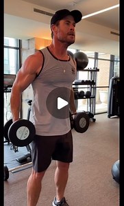 Chris Hemsworth on Instagram: "I love this type of workout. Being able to cover a lot of bases, explosiveness, strength, stability, speed and hypertrophy helps me feel functional and strong 💪 Workout -ball slam, over head farmers carry, squat/curl/press, kettle bell snatches, tricep extension, under hand bent over row and sprints. Continually moving for around 40 minutes. Thanks @centrfit for the inspiration"