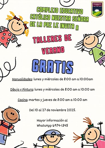 Paz y bien 🕊️ Compartimos ésta información para el mes de noviembre. Es GRATIS y pueden participar niños y jóvenes de nuestra escuela y tambien los que no estudian en la institución ☺️ Si alguien desea matricularse puede acercarse a la oficina de Dirección para que le tomen los datos o pueden escribir al WhatsApp de la escuela 🏫 Es para todas las edades, de 4 años en adelante. Esperamos contar con su participación 🙏 | Complejo Educativo Católico "Nuestra Señora de la Paz"