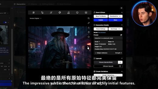 首发！告别塑料感，Kling 2.1 Flux实测教学：中世纪侦探秒变赛博朋克