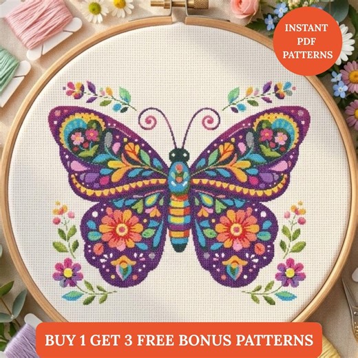 Butterfly Cross Stitch Pattern PDF, Colorful Floral Butterfly Embroidery Chart,modern Folk Art Nursery Decor Instant Download Punto De Cruz - Etsy