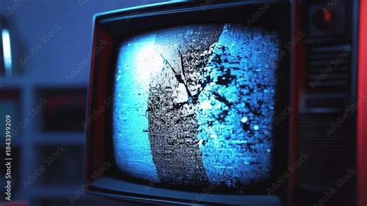 Old red vintage crt television showing a broken screen with heavy static interference and data glitches, creating a spooky and unsettling mood in a dim, dark room