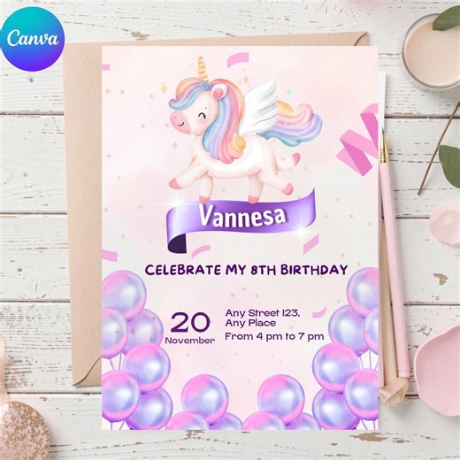 Unicorn Birthday Invitation Template, Editable Canva Invite - Etsy