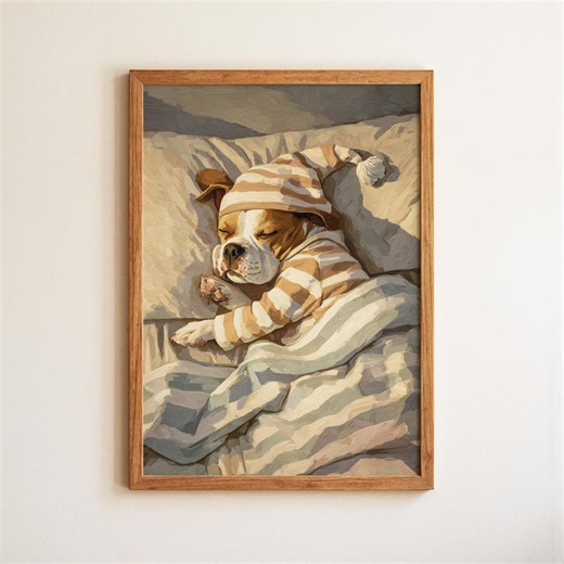 Boxer Dog Sleeping Wearing Pyjamas in Bed Bedroom Art Print, Cozy Puppy Dog Illustration - Etsy