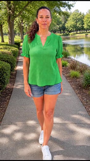Easy Green Blouse Outfit Find This bright green textured blouse is such an easy everyday top with denim shorts. I like the relaxed fit, split V-neck, and ruffled puff sleeves for a simple warm-weather outfit. Check the orange cart for details. AI-generated visual. women’s green blouse casual summer blouse puff sleeve top split V-neck blouse textured knit shirt women’s everyday outfit green top with denim shorts #tiktokshopcreatorpicks #WomensFashion #SummerOutfit #CasualStyle #TikTokShopFinds