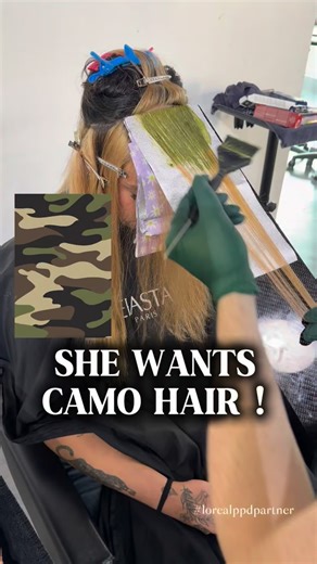 Alejandro lopez on Instagram: "SHE WANTS CAMO HAIR ! In partnership with @lorealpro L’Oréal ppd We wanted to create a camo color inspired look ! And we are obsessed!! For my lightener I used @lorealpro blond solution 9 with 20 vol for her blonde I used @matrix super sync 9gv, 8g and 6wn and for her green I mixed up @pulpriothair acid spill,slither, nightfall and afew drops of pyro . . . . #hairtransformation #haireducation #lorealppdpartner colorfulhair"