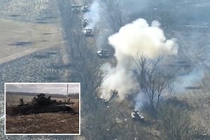 Russian tank column obliterated by Ukrainians with charred remains on road