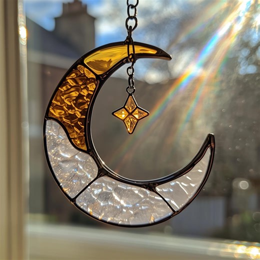 Celestial Moon Star Stained Glass Window Hanging, Boho Home Decor Gift, Aesthetic Sun Catcher, Unique Stained Glass Art - Etsy
