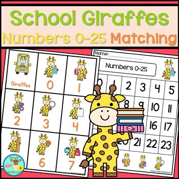 School Giraffes - Numbers 0-25 Matching Cards - Flashcards With Writing Practice