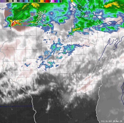 [3/28/25] 5:50PM. Here's a quick look at the radar from the couple of hours. So far, a few thunderstorms formed over northern Wisconsin and the Upper Peninsula, with some patchy showers further southwards that mostly fell as virga. As get into the evening hours, the scattered convection is expected to some southerly development into central and north-central Wisconsin, bringing some additional showers and possible thunder into our area. | US National Weather Service Green Bay Wisconsin