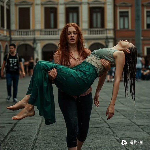 一个好心人吃力地横抱着一个昏迷的女人，艰难得向前走着，她用尽全力将女人的身体向上掂了掂，而女人的身体随之摆弄，包括头发和肢体，同时还有水滴从头发和脚上洒落 2