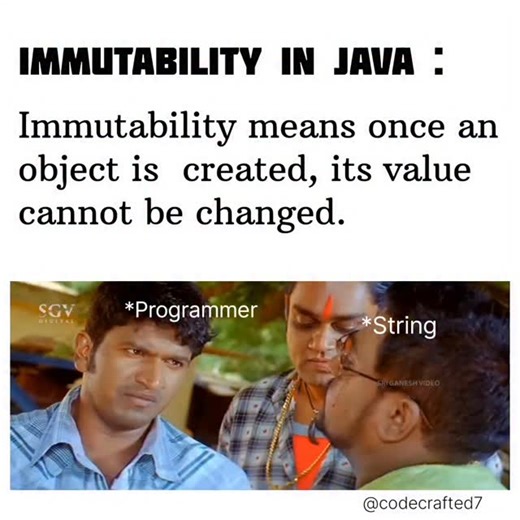 CodeCrafted on Instagram: "Immutability in Java (String Example) ☕💻 Immutability means once an object is created, its value cannot be changed. In Java, String objects are immutable. When you modify a String, Java actually creates a new object, not changing the original one. Example: String s = "Code"; s = s + " Crafted"; Here, "Java" remains unchanged. A new String "Code Crafted" is created and assigned to s. Why Java made String immutable? Improves security (used in passwords, URLs) Saves memo