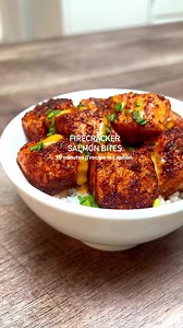 firecracker salmon bites from @sara.haven!! 🌶️💥 simply seasoned and broiled to crispy, flaky perfection, this 15-minute dinner is full of fiery flavor and perfectly paired with a big bowl of fluffy rice. enter: the happiest, low-effort meal you’ll make this week. here’s what you’ll need: 10-12 oz salmon filets (~ 4 pieces) • cajun seasoning, or other medium-spiced seasoning of choice • avocado oil spray 1. cut salmon into 1” chunks and season all sides 2. arrange on foil covered baking sheet a