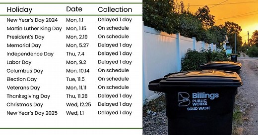 Garbage collection dates for Billings Public Works updated for 2024