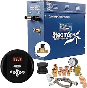 SteamSpa 7.5kW Steam Sauna Generator Premium Bundle 240V Steam Generator with Analog Pad Control, Steamheads, Pressure Relief Valve, Built-in Auto Drain and Plumber Quick Install Kit PRR750BK-A