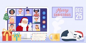 Premium Vector | Santa claus having video conference on computer with children at home.
