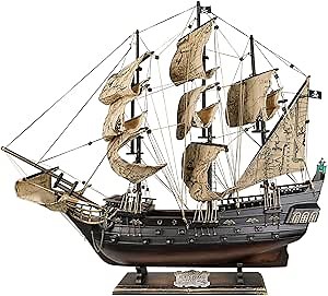 SAILINGSTORY Wooden Pirate Ship Model Black Pearl Model Ship Sailboat Decor Sea Chart Sails 27"