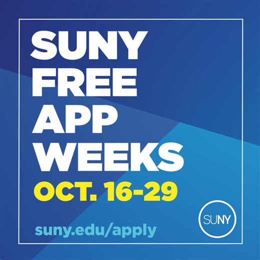 SUNY Free App Weeks are here! Apply to up to 5 @SUNY schools for FREE now through Oct. 29. Don’t wait! Apply today at suny.edu/apply #ApplySUNY #SunyNewPaltz @SUNY | SUNY New Paltz | Facebook