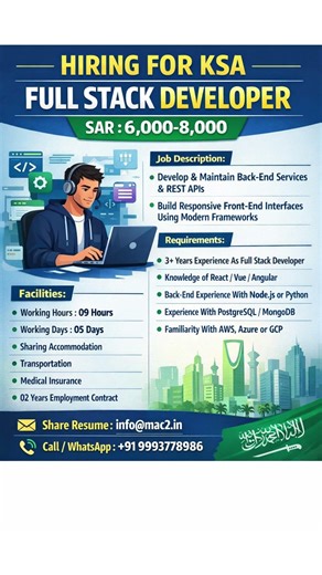 HIRING FOR KSA FULL STACK DEVELOPER SAR : 6,000-8,000