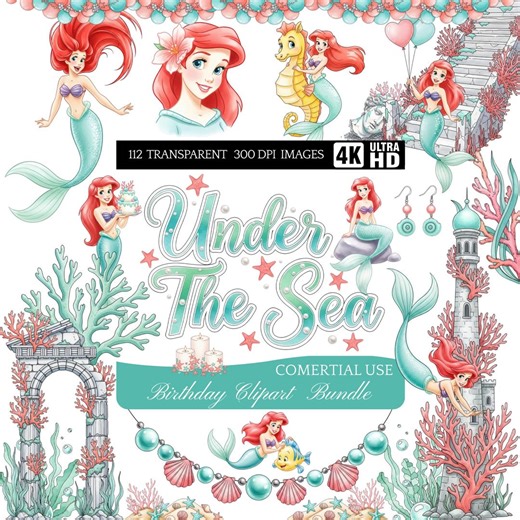 Watercolor Mermaid Under the Sea Clipart PNG Ariel Ocean Princess Birthday Party Decor Fantasy Bundle - Etsy