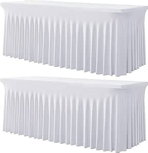 2 Pack White Spandex Tablecloths for 4 ft Rectangle Tables, Stretch Table Cloths 4 Foot Fitted Table Cover with Skirt for Parties Weddings Birthday Banquet Baby Shower