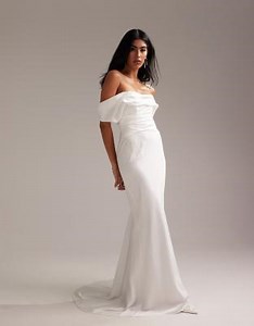 ASOS DESIGN bardot draped satin maxi wedding dress in white | ASOS