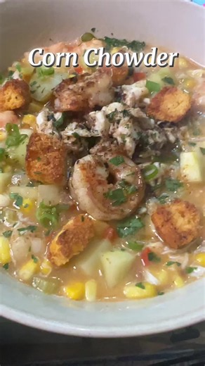 Crab and Shrimp Corn Chowder finished with brown butter and topped with pickled green tomatoes and cornbread croutons. Rich, creamy, a little tangy, a little crunchy — every bite is a different texture. This is Lowcountry comfort food at its finest and it does not last long at my table. 🦀🦐🌽 #crabchowder #shrimpchowder #cornchowder #lowcountrycooking #southernsoup