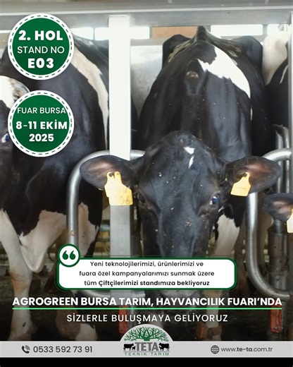 📣 08 - 11 Ekim 2025’te BURSA’da Buluşuyoruz! Yeni teknolojilerimiz, yenilikçi ürünlerimiz ve fuara özel kampanyalarımızla AgroGreen Bursa Tarım ve Hayvancılık Fuarı’nda yerimizi alıyoruz! 📍 Fuar Yeri: BFM / Bursa Fuar Merkezi 📬 Adres: Altınova, Fuar Cd. No:25/1 Osmangazi / BURSA 🏢 Stand: 2. Hol – E03 Tüm çiftçilerimizi ve iş ortaklarımızı standımıza bekliyoruz. 🧑‍🌾 Hayvancılıkta verimi artıran çözümlerimizi birlikte konuşalım! #TetaTeknikTarım #AgroGreen2025 #TarımFuarı #BursaFuarı #Hayvan