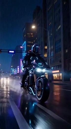 Cyclist Riding Through a Modern City Street at Night in Rain #moderncity #modernliving #modern #cycl