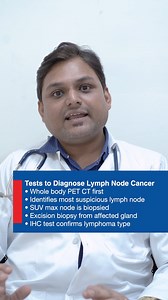 The first step in diagnosing lymphoma is to examine the enlarged lymph node, which is usually palpable in areas like the neck (cervical), armpit (axillary), or groin (inguinal). Before anything else, a whole-body PET-CT scan is done. This scan shows the SUV max of the lymph nodes, which indicates which node is most likely malignant. The lymph node with the highest SUV max is then chosen for a core (tru-cut) or excisional biopsy. The biopsy sample is further analyzed using Immunohistochemistry (I