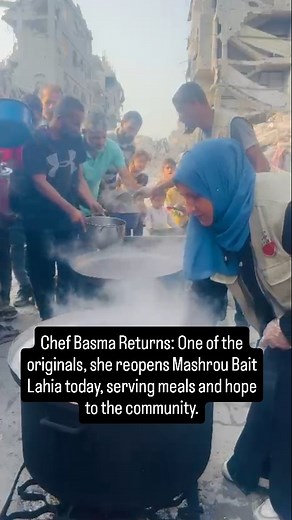 Chef Basma Returns to Mashrou Bait Lahia: One of the original crew who worked alongside Chef Mahmoud, she reopened the kitchen today, bringing warmth, meals, and hope back to the community in the same area. Osama stepped in to help ♥️ | Hani Almadhoun