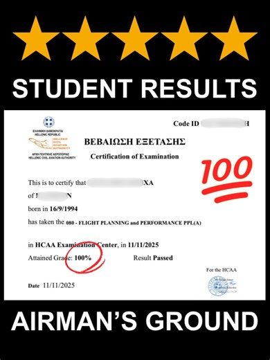 100% in Flight Planning and Performance - PPL 🤩💯 Some results speak louder than words, and this one says it all. 💙 One of our student has achieved a perfect 100% in PPL Flight Planning & Performance — proof that dedication, structured mentorship, and the right mindset create unstoppable results. ✈️ At Airman’s Ground, we don’t just prepare students to pass — we prepare them to master their craft, one subject at a time. 🚀 Ready to achieve your own first-time pass? Follow and join us to start 