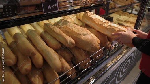 Individual Chooses Loaf At Urban Grocery Store. Shoppers Decide On Baguette In Busy Market Setting. Customer Carefully Selects Fresh Baguette From Display Shelf Before Purchasing In City