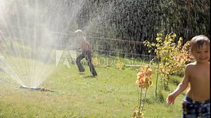 Happy little boys play with water hose. Children bathe in the fountain jets in park, gushing from the ground, a little boys runs away from the water. Hot weather. Summer entertainment.
