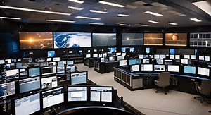 Mission control center of a space agency with large monitors and computers.