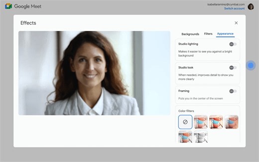 Elevate your video calls to a studio-level experience with Studio Look in #GoogleMeet! 🎥 Using AI-enhanced video quality, this feature erases the impact of low light or low-quality webcams, without slowing down your device. Learn more → https://goo.gle/3T1WxmC | Google Workspace
