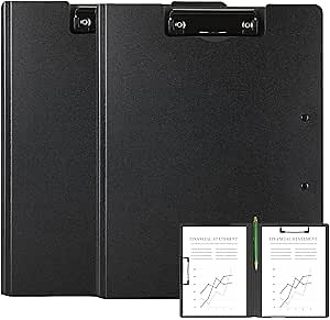 2 Pack Foldable Clipboards, A4 Office Clipboard Folder with Double Metal Clips, 360 Degree Foldable Binder Clipboard with Pen Holder, File Cover Work Folder Clipboards, Black