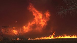 Footage of the Rhea Fire near Seiling, Oklahoma shows towering flames and fire tornadoes spawning in the updraft. --https://bit.ly/2Hxx4gy (Video courtesy: Brandon Clement/Live Storms Media) | NewsChannel 8 - Tulsa