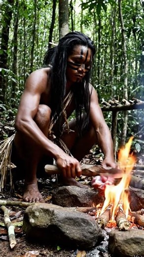 Primitive Jungle Cooking | Tribal Man Cooking Meat in Forest | Survival Cooking in Wild 🔥