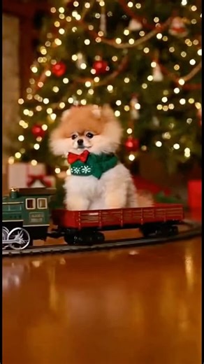 Christmas Magic: Pomeranian on a Toy Train!