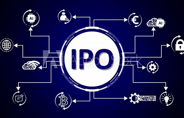 I P O concept network diagram with icons for global business finance and innovation initial public offering
