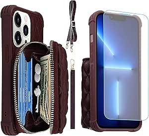 MONASAY Zipper Wallet Case Fit for iPhone 13 Pro,[Glass Screen Protector ][RFID Blocking] Flip Leather Handbag Phone Cover with Card Holder and Detachable Crossbody Lanyard Strap, Burgundy