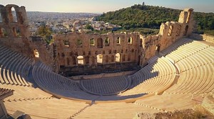 Theatre of Dionysus below the Acropolis in Athens, Greece is considered to be the worlds first theater aka Odeon of Herodes Atticus