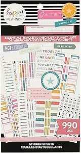 Happy Planner Sticker Pack for Calendars, Journals, and Diary Planners, Multicoloured Scrapbook Accessories, Essentials Tracker & Checklist Theme, Classic Size, 30 Sheets, 990 Total Stickers