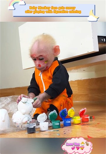 Baby Monkey face gets messy after playing with figurative coloring #animal #animals #monkeys #pet #monkey #pets #babymonkey #loveanimals #babyanimals