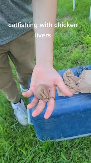 we are using chicken liver and wrapping it in pantiehose to help keep it on the hook #ReadyForHell #